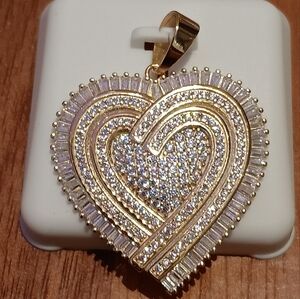 925 SILVER CZ Iced Out Heart Shaped Charm Pendant Baguette & Round Gold Plate